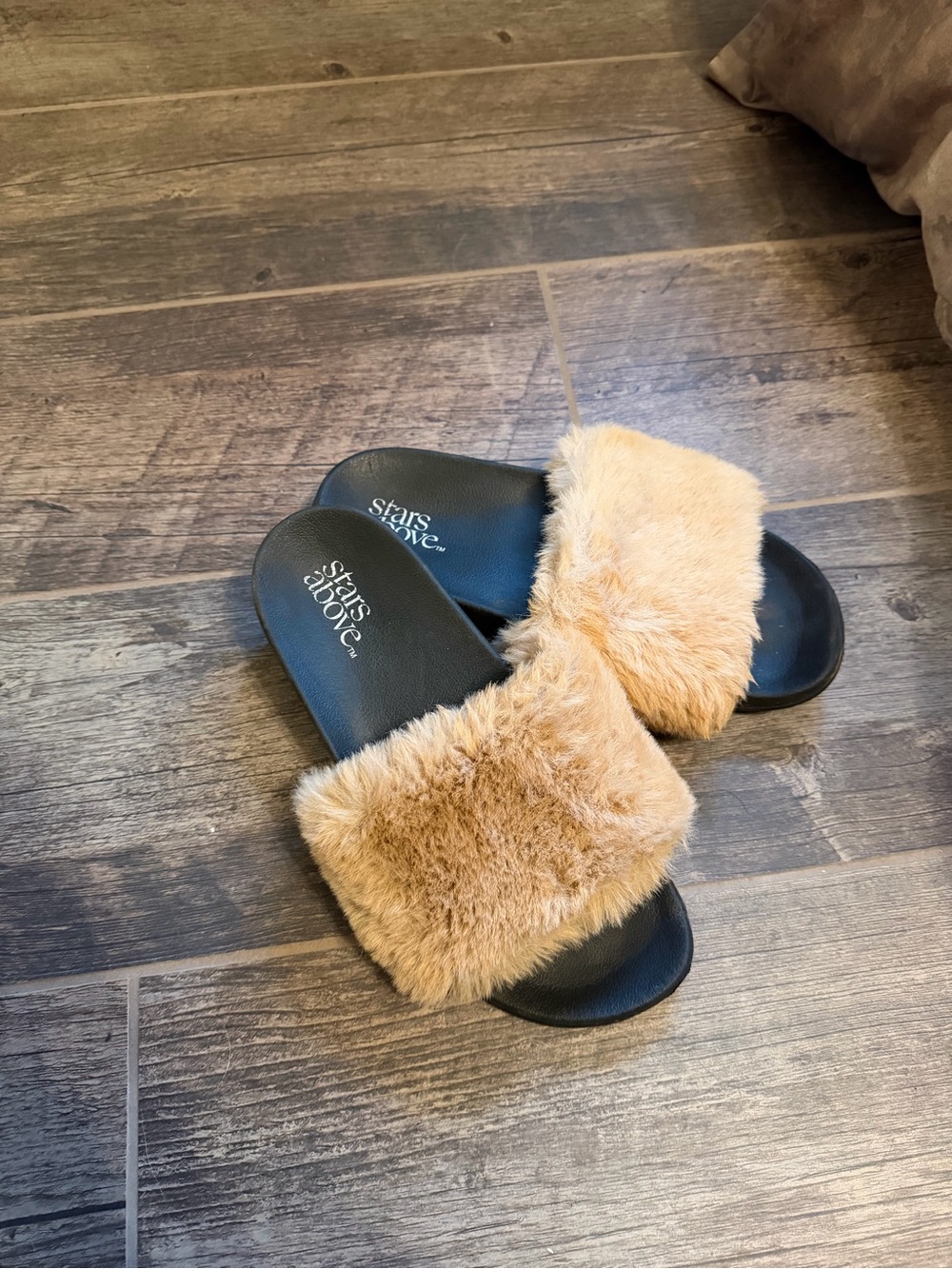 stars above Tan Faux Fur Slide Sandals with Black Footbed